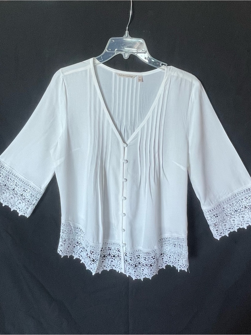 Soft Surroundings White V-Neck Lace Trim Button-Front Blouse